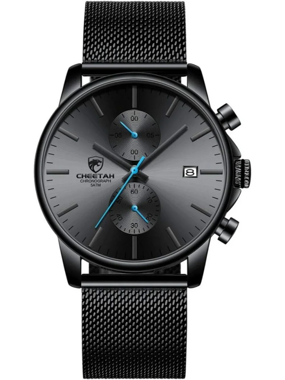Mens Black Blue Quartz Analog Mesh Strap Stainless Steel Chronograph Round Watch